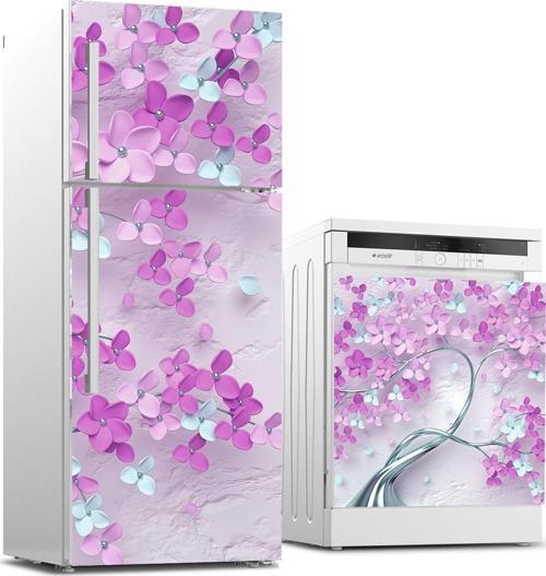 Buzdolabı ve Bulaşık Makinası Beyaz Eşya Sticker Kaplama 3D Mor Ağaç