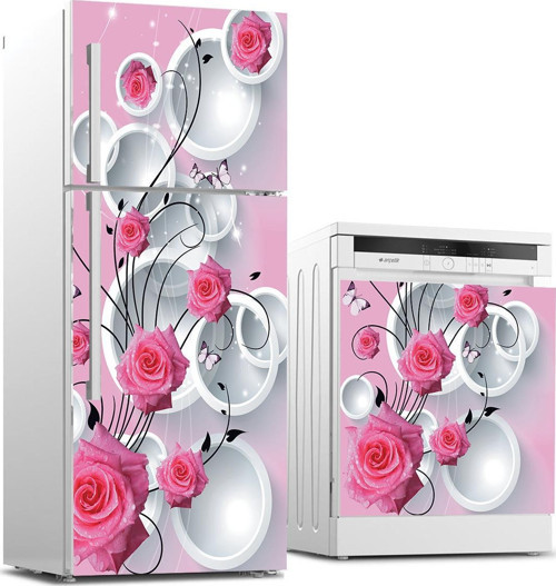 Buzdolabı ve Bulaşık Makinası Beyaz Eşya Sticker Kaplama 3d Pembe Gül