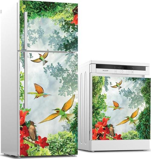 Buzdolabı ve Bulaşık Makinası Beyaz Eşya Sticker Kaplama 3d Renkli Kuşlar
