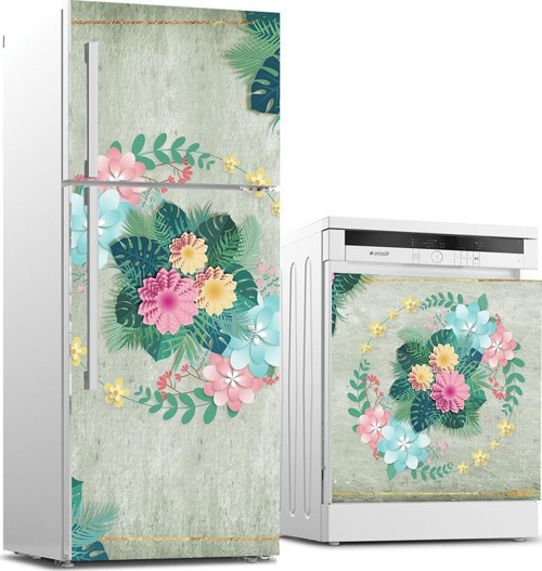 Buzdolabı ve Bulaşık Makinası Beyaz Eşya Sticker Kaplama 3D Tropikal Çiçek