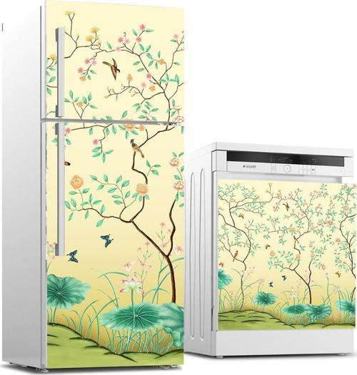 Buzdolabı ve Bulaşık Makinası Beyaz Eşya Sticker Kaplama Ağaç Kuşlar