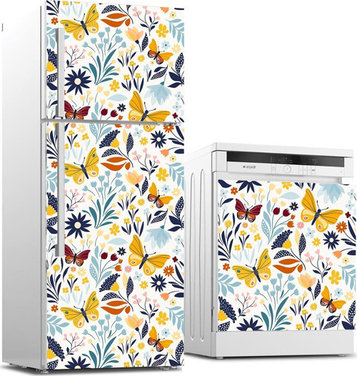 Buzdolabı ve Bulaşık Makinası Beyaz Eşya Sticker Kaplama Çiçek Sarı Kelebek
