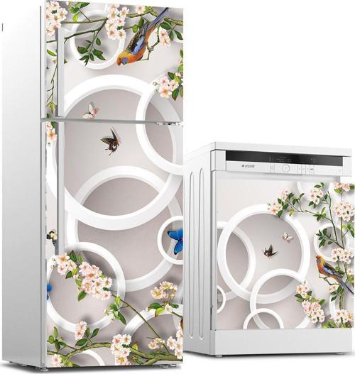 Buzdolabı ve Bulaşık Makinası Beyaz Eşya Sticker Kaplama Yuvarlak Kuş Çiçek