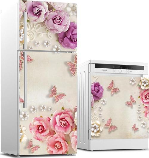 Buzdolabı ve Bulaşık Makinası Beyaz Eşya Sticker Kaplama Gül Kelebek