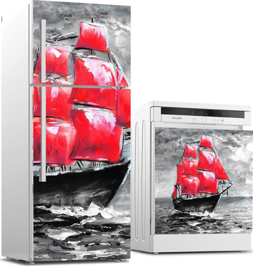 Buzdolabı ve Bulaşık Makinası Beyaz Eşya Sticker Kaplama Kırmızı Yelken Yağlıboya