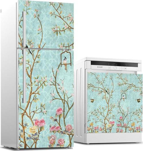 Buzdolabı ve Bulaşık Makinası Beyaz Eşya Sticker Kaplama Küçük Çiçekler Ağaç