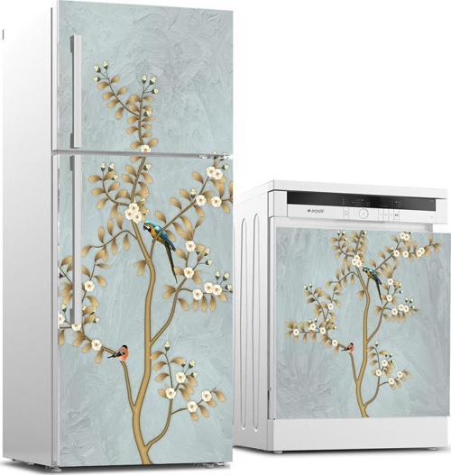 Buzdolabı ve Bulaşık Makinası Beyaz Eşya Sticker Kaplama Kuş Ağaç