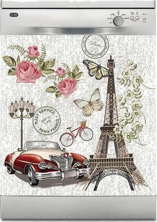 Bulaşık Makinesi Sticker Kaplama Beyaz Eşya Kaplama Vintage Paris Çizim