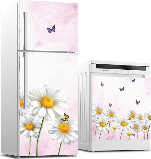 Buzdolabı ve Bulaşık Makinası Beyaz Eşya Sticker Kaplama Papatya Kelebek