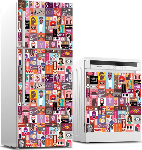 Buzdolabı ve Bulaşık Makinası Beyaz Eşya Sticker Kaplama Pop Art Music Collage