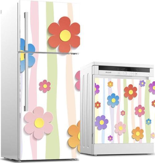 Buzdolabı ve Bulaşık Makinası Beyaz Eşya Sticker Kaplama Renkli Çiçekler