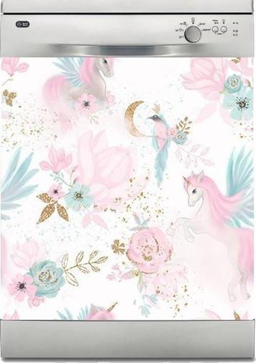 Bulaşık Makinesi Sticker Kaplama Beyaz Eşya Kaplama Pembe At ve Kuş