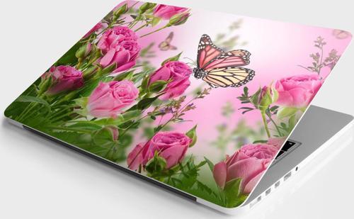Laptop Sticker Bilgisayar Notebook Pc Kaplama Etiketi Pembe Güller Kelebek