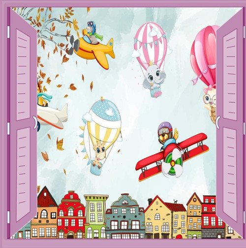 Çocuk Odası Bebek Odası Pencere Poster Duvar Kağıdı Balonlar Hayvanlar
