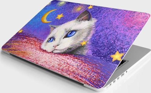 Laptop Sticker Bilgisayar Notebook Pc Kaplama Etiketi Beyaz Kedi Çizim
