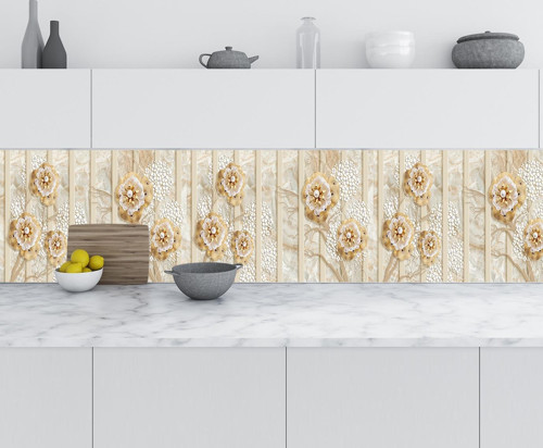 Mutfak Tezgah Arası Folyo Fayans Kaplama Folyosu 3D Altın Çiçekler 60x300 CM