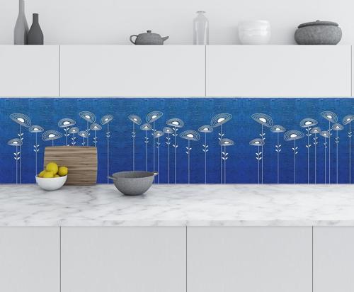 Mutfak Tezgah Arası Folyo Fayans Kaplama Folyosu Mavi Beyaz Çiçekler 60x300 CM