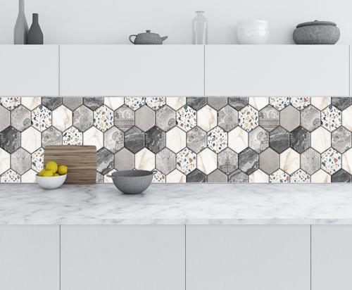 Mutfak Tezgah Arası Folyo Fayans Kaplama Folyosu Renkli Altıgen Mermer 60x500 CM