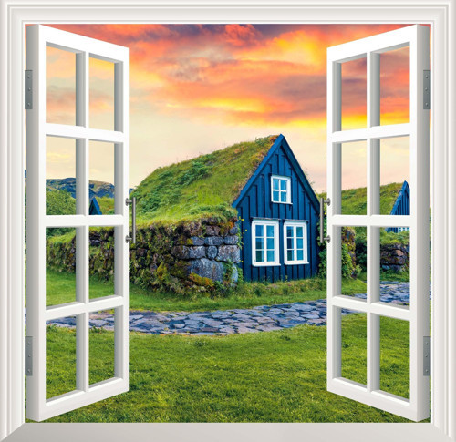 Pencere Poster Duvar Kağıdı Çim Evler İzlanda Yapışkanlı Sticker
