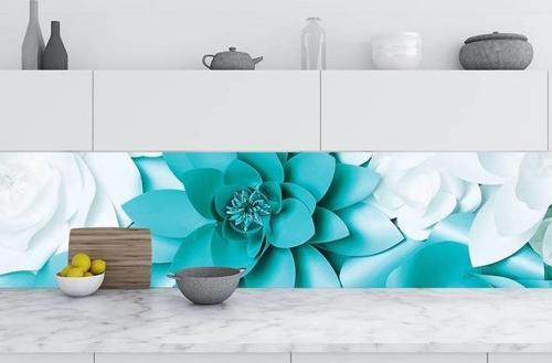 Mutfak Tezgah Arası Folyo Fayans Kaplama Folyosu Turkuaz Çiçek 60 x 300