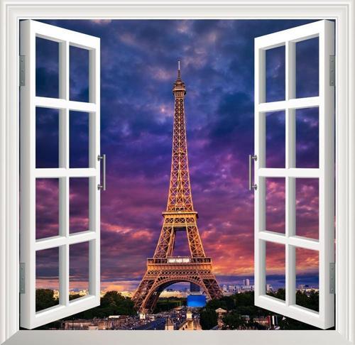 Pencere Poster Duvar Kağıdı Eyfel Kulesi Akşam Yapışkanlı Sticker