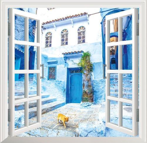 Pencere Poster Duvar Kağıdı Mavi Sokak Yapışkanlı Sticker