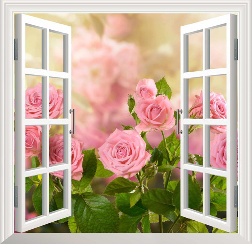Pencere Poster Duvar Kağıdı Pembe Güller Yapışkanlı Sticker