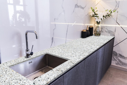 Tezgah Üstü Fayans Kaplama Folyosu Mutfak Tezgahı Kaplama Terrazzo Granit Taş 70 cm x 4 Metre
