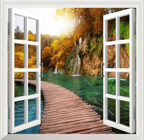 Pencere Poster Duvar Kağıdı Şelale Yol Yapışkanlı Sticker