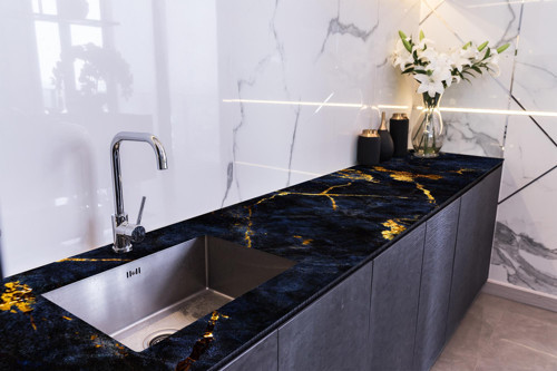 Tezgah Üstü Fayans Kaplama Folyosu Mutfak Tezgahı Kaplama Blue Marble 70 cm x 5 Metre