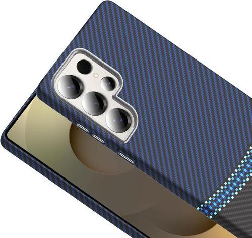 Galaxy S25 Ultra Kılıf M-safe Şarj Özellikli Karbon Fiber Görünümlü Gros Kapak Siyah-Lacivert