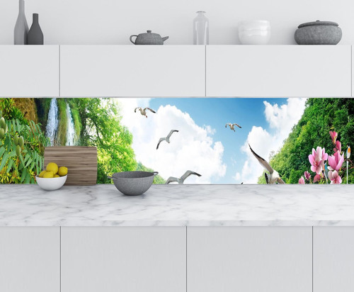 Mutfak Tezgah Arası Folyo Fayans Kaplama Folyosu Şelale Kuşlar Çiçek 60x100 CM