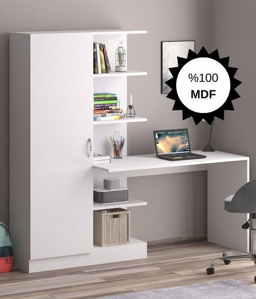 MDF Narin Raflı Kitaplıklı Kapaklı Dolaplı Çalışma Masası - Beyaz (Dolap Sol)