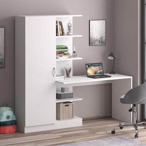 Narin Raflı Kitaplıklı Askılıklı Dolaplı Çalışma Masası Beyaz (Dolap Solda)