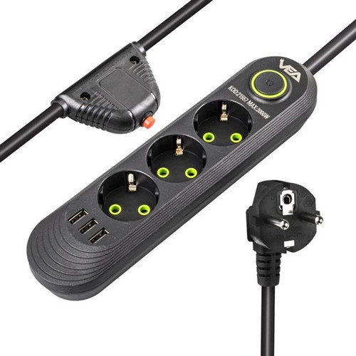 VA-21557 3'lü 3 USB'li 1.5 Metre Akım Korumalı Priz Siyah