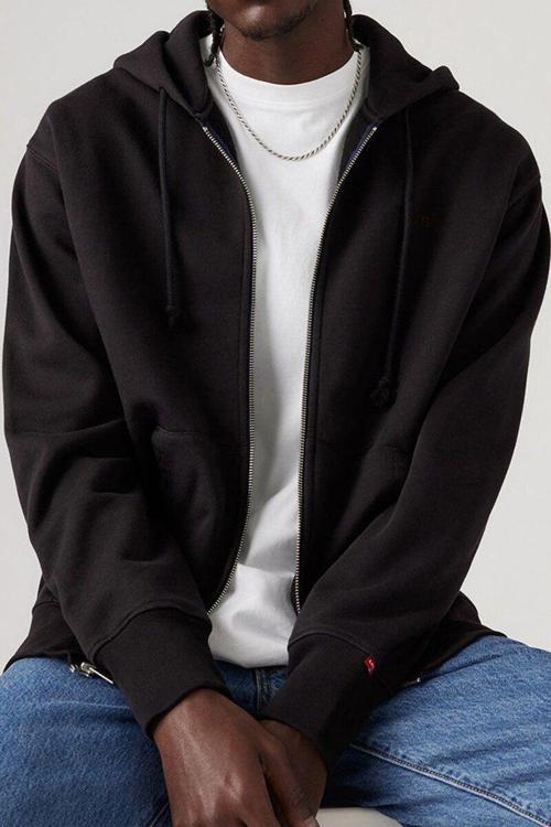 Kapüşon Yaka Siyah Erkek Relaxed Sweatshirt Fermuarlı Hırka - A9265-0000