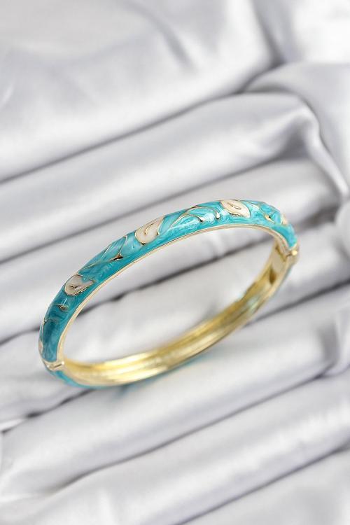 Zarif Kadın için Golden Pirinç Mineli Krem Turkuaz Yaprak Motif Kelepçe Bileklik