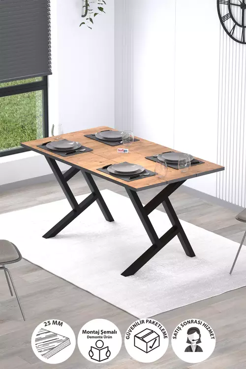 Yemek Masası Metal Ayaklı Mutfak Masası Luna  85 x 150 Cm Yıldız Ayaklı Çam