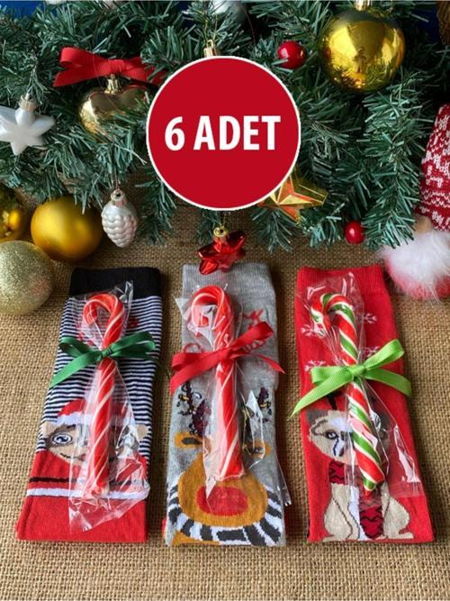 6 Adet Baston Şekerli Çorap, Yeni Yıl Hediyesi, Yılbaşı Hediyesi, Baston Şeker, Yılbaşı Çorabı
