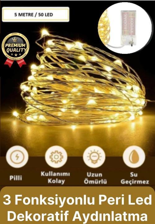Dekoratif Aydınlatma Yeni Yıl Yılbaşı Pilli 3 Fonksiyonlu Günışığı Sarı Renk Peri Led Işık 5 Metre