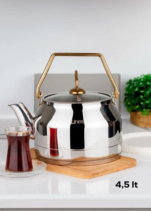 L-3076 Ayperi Paslanmaz Çelik Gold Kulp Demlik İndüksiyon Taban Çay Bitki Çayı Demliği 4,5 L