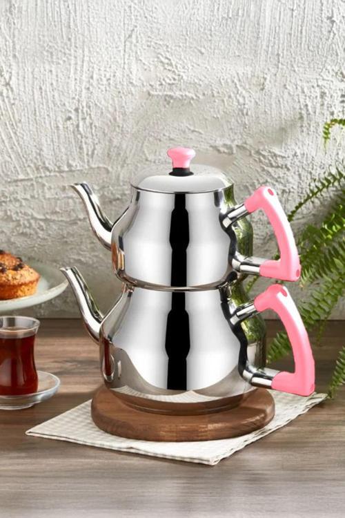 K-313 Pembe Marmaris Mini Boy Paslanmaz Çelik Indüksiyon Tabanlı Çaydanlık Takımı 0.7-1.2 Lt