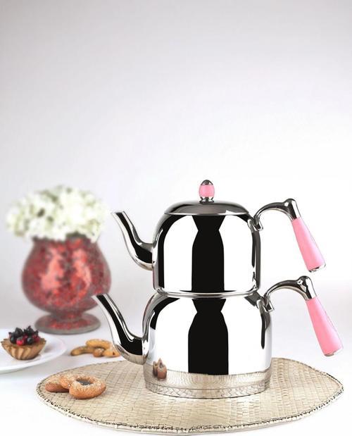 K-376 Pembe Armine Mini Boy Paslanmaz Çelik Indüksiyon Tabanlı Çaydanlık Takımı 0.7-1.2 Lt