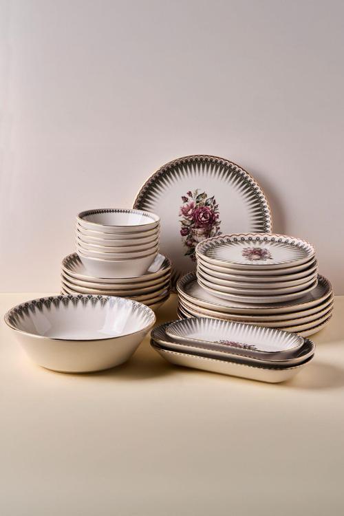 Antique Altın yaldızlı Stoneware Yemek Takımı 27 Parça 6 Kişilik Yemek Seti