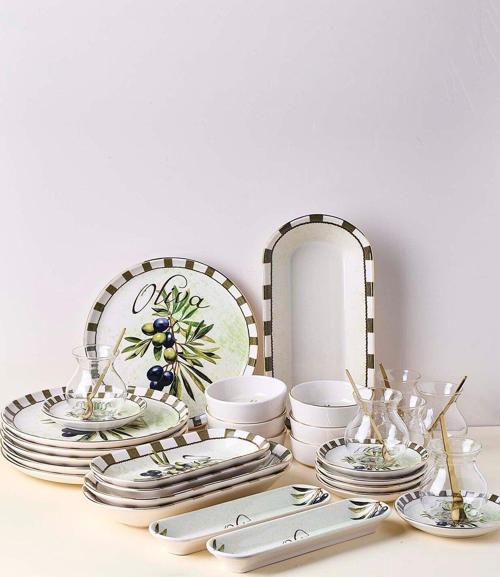 Olives 37 Parça Yaldızlı Kahvaltılık Seti Çay Seti 6 Kişilik Stackable Kahvaltı Takımı Çay Takımı
