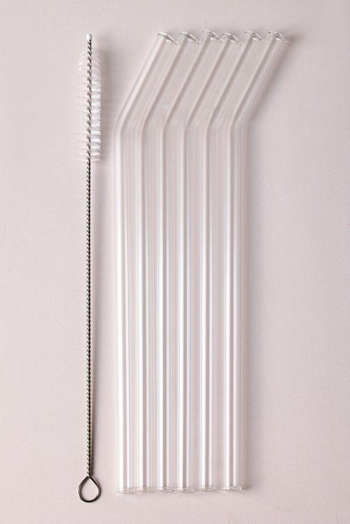 Straw 6'lı Şeffaf Cam Eğimli Isıya Dayanıklı (Borosilikat) Pipet Ve 1 Adet Pipet Temizleme Fırçası