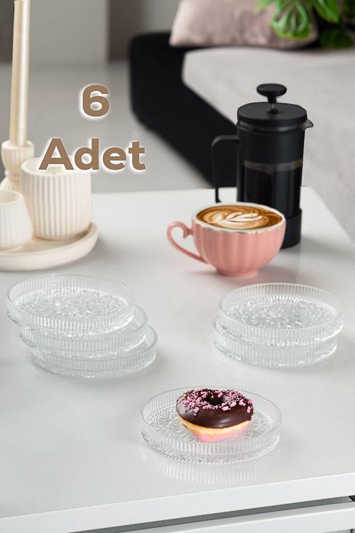 Rüya Desenli Dik Tabak - 6 Lı Cam Sunumluk Pasta Kurabiye Kek İkram Servis Tabağı-12 Cm