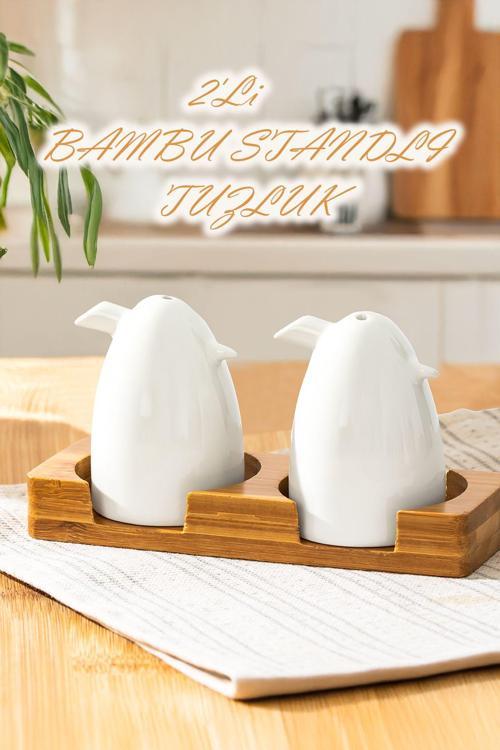 102001 Grage 2li Bambu Standlı Porselen Tuzluk Biberlik Seti - 80ml