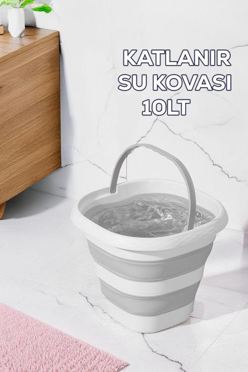 1175 Damla Katlanabilir Silikon Su Kovası 28x30cm Banyo Balkon Temizlik Kovası 10 Lt - Gri Beyaz