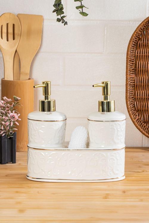 3116 Gold Kapaklı Porselen Süngerli 2li Sıvı Sabunluk – Beyaz 350+350 ml